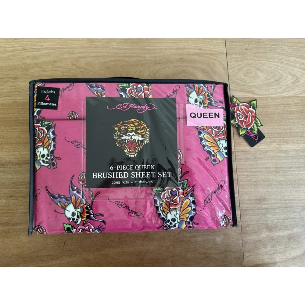 Ed Hardy Queen 6 Piece Double Brushed Sheet Set Pink Skull Butterfly Roses NWT